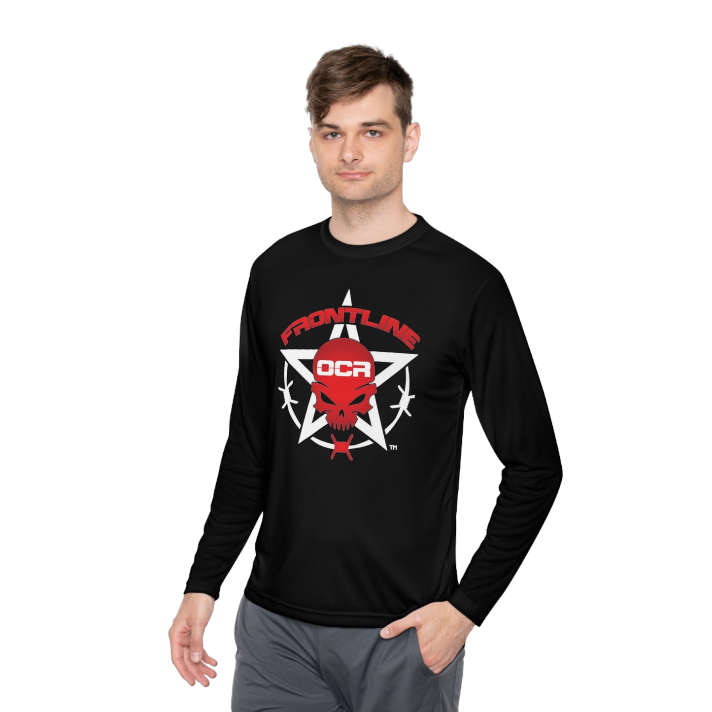 Frontline OCR long sleeve race shirt-Race Day Red Earn It flag